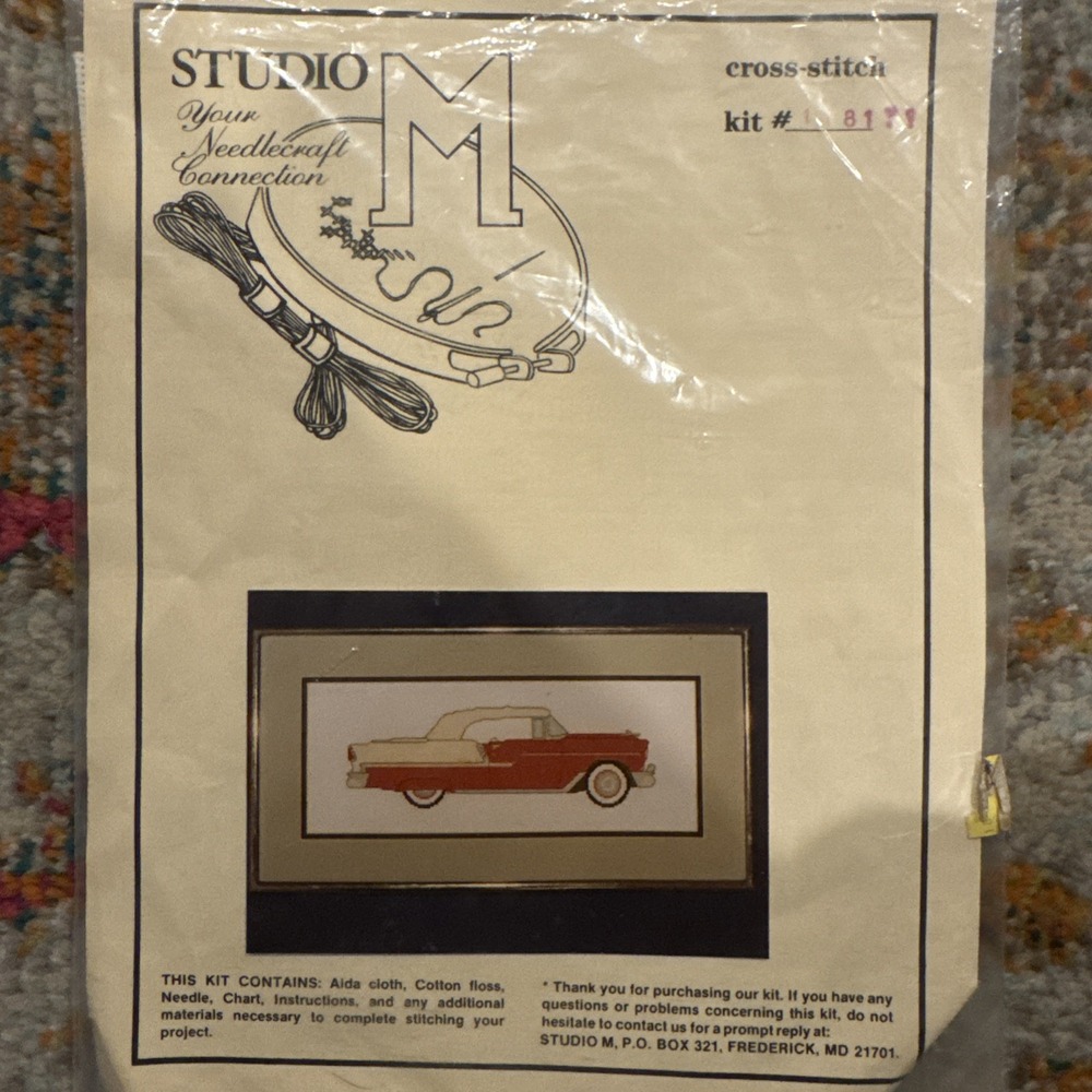 Vintage Studio M Red 1955 Chevy Cross Stitch Kit #118171 Made In USA 15x6" NEW
